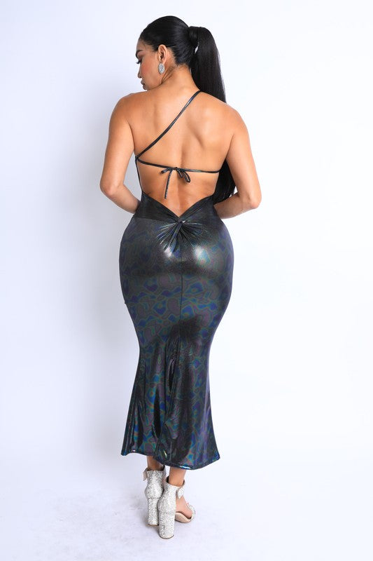 Spice Hologram Asymmetric Strap Ruched Maxi Dress