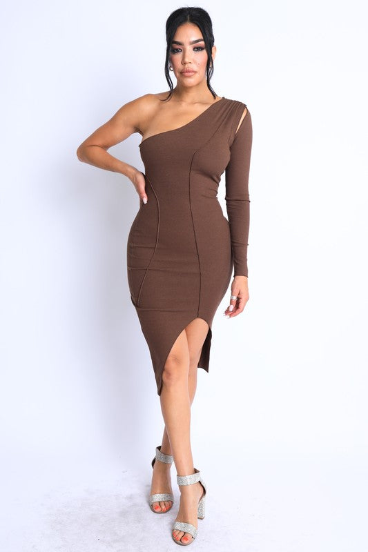 Jessie Asymmetric Sleeve Slit Midi Dress