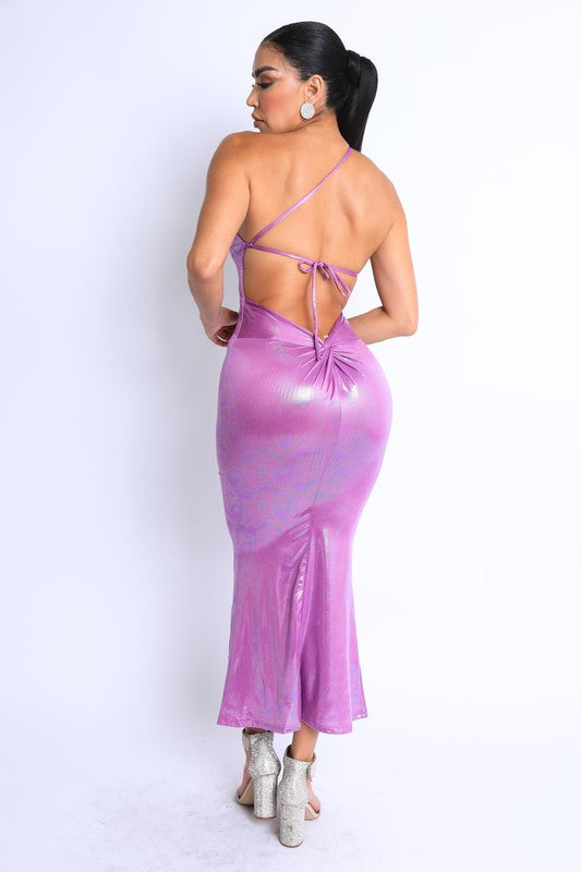 Spice Hologram Asymmetric Strap Ruched Maxi Dress