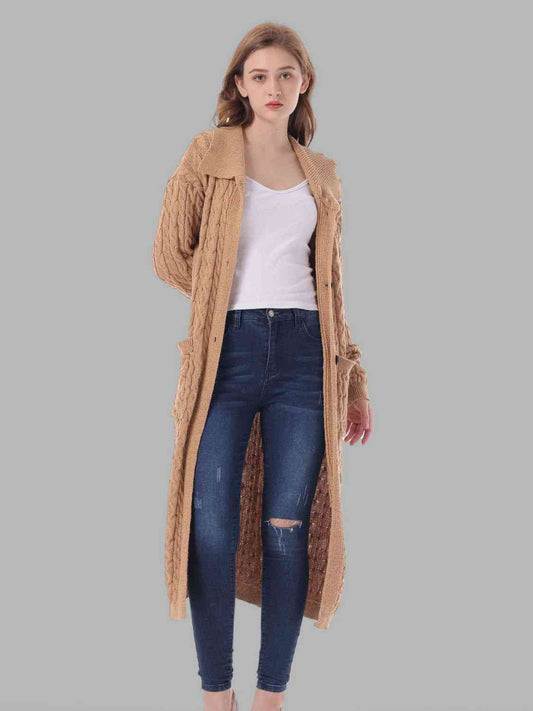 Cable-Knit Collared Neck Cardigan with Pockets