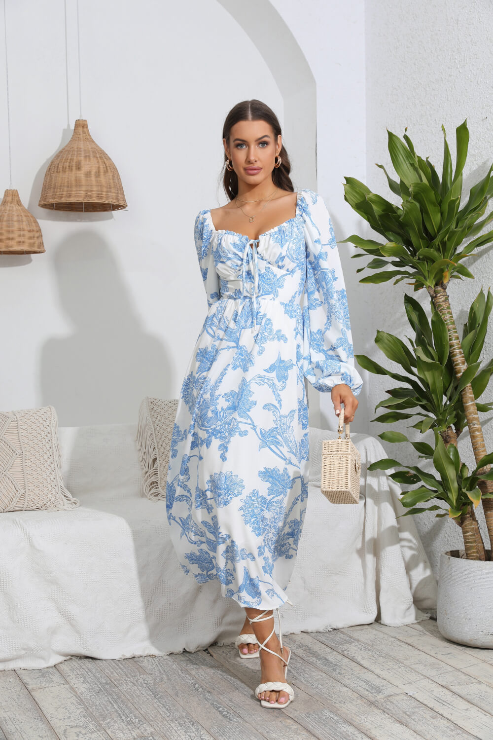 Floral Tie Front Sweetheart Neck Midi Dress