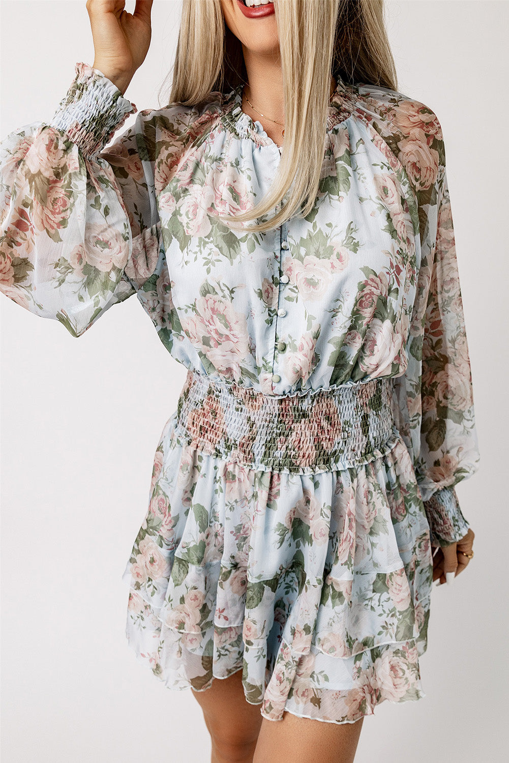 Floral Smocked Waist Layered Mini Dress