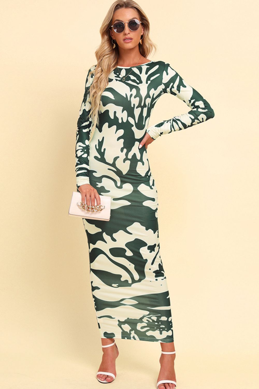 Printed Backless Long Sleeve Maxi Dress